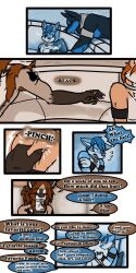 ♠ 1:2 2019 9:18 anthro biped canid cobalt_(tatsuchan18) collar comic detailed_background dialogue english_text fur group hair hi_res male mammal onomatopoeia open_mouth sitting sound_effects spade_(tatsuchan18) speech_bubble standing suit_symbol tatsuchan18 text trio