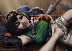 clothing crotch_grab dhmoldon final_fantasy final_fantasy_vii fingering fingering_pussy fingering_under_clothes fully_clothed hand_down_pants laying_on_lap looking_at_viewer ninja on_lap pov public_sex self_upload shorts sitting_on_leg small_breasts smaller_female yuffie_kisaragi