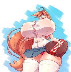 1girls amazon breasts brother_complex chocolate female female_only huge_breasts long_hair looking_at_viewer low-angle_view n647 nipple_bulge orange_hair pantyshot rose_drake_(n647) school_uniform solo thick_thighs valentine's_day wide_hips