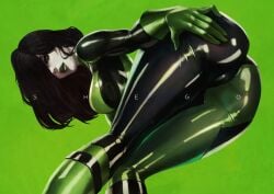 black_hair cameltoe disney disney_channel green green_eyes green_eyeshadow green_makeup kim_possible latex latex_bodysuit latex_gloves latex_suit legs_together lipstick monorirogue one_eye_covered presenting presenting_ass shego simple_background spread_ass