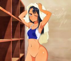 1girls 774_(nanashi) after_shower ass big_ass black_hair bottomless breasts brown_eyes clothed clothing curvy edit edited female female_focus female_only half-dressed hayase_nagatoro hi_res long_hair medium_breasts navel neo_jared please_don't_bully_me,_nagatoro solo thick_thighs wide_hips wink