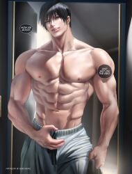 1boy 1male abs clothing dialogue half-dressed jujutsu_kaisen licking_lips looking_at_viewer looking_down looking_down_at_viewer low-angle_view male male_only muscular muscular_male sakimichan shirtless solo talking_to_viewer toji_fushiguro