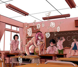 1girls 5boys against_desk against_table alien alien_girl alien_humanoid blackboard breast_grab censor_bar censored_penis classroom comizk devilukean devilukean_female female female/male from_behind from_behind_position japanese_text male momo_velia_deviluke multiple_boys no_panties nude_male nude_male_clothed_female penis pink_hair sex sex_on_desk to_love-ru watching without_pants