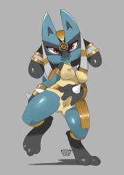 absurd_res anthro areola biped black_body blue_body breasts cervikalova female front_view fur generation_4_pokemon genitals grey_background hi_res holowear_(pokemon) looking_at_viewer lucario nintendo nipples pokemon pokemon_(species) pokemon_unite pupils pussy ruins_style_lucario shadow simple_background slit_pupils solo spread_pussy spreading tan_body tan_fur