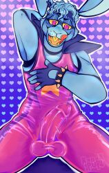 anthro blue_body blush blush_lines blushing_at_viewer bulge bulge_through_clothing drool five_nights_at_freddy's five_nights_at_freddy's:_security_breach fnaf glamrock_bonnie_(fnaf) gloves gradient_background hand_on_own_chest headband heart heart heart_background lagomorph lagomorph_humanoid licking licking_lips licking_own_lips male male_focus male_only muscular muscular_anthro muscular_male pierced_ears pink_eyes robot robot_humanoid scottgames spiked_bracelet steel_wool_studios yellow_sclera yellow_teeth