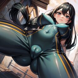 1girls ai_generated arbitrary black_hair bodysuit cameltoe erect_nipples_under_clothes from_below hi_res large_breasts low-angle_view my_hero_academia nipple_bulge skin_tight stable_diffusion tsuyu_asui