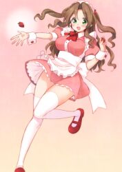 1girls aerith_gainsborough apron breasts brown_hair final_fantasy final_fantasy_vii food green_eyes holding_food holding_strawberry krudears large_breasts long_hair looking_at_viewer maid maid_apron maid_headdress maid_uniform mary_janes strawberry thighhighs wrist_cuffs