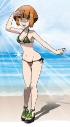 1girls beach bikini breasts clouds gardenia_(pokemon) green_bikini green_swimsuit looking_at_viewer medium_breasts midriff navel nintendo ocean orange_eyes orange_hair outside pokemon pokemon_dppt sandals short_hair side-tie_bikini side-tie_swimsuit sky swimsuit tellzeta water