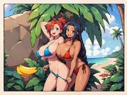 2girls ai_generated banana beach bikini bikini_pull black_hair blue_eyes brown_eyes dark_skin huge_breasts jungle light_skin red_hair side_tie_bikini sunny urusan wet_skin