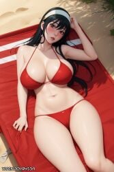 1girls ai_generated beach beach_towel big_breasts bikini black_hair blush female female_only hairband hand_in_hair human large_breasts long_hair lying lying_on_back lying_on_towel outdoors red_bikini red_eyes shounen_jump+ solo spy_x_family stable_diffusion thick_thighs wgenjoyr4539 white_hairband wide_hips yor_briar yor_forger