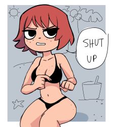 1girls ambyva bikini black_bikini black_eyes english_text female freckles freckles_on_ass freckles_on_breasts freckles_on_face freckles_on_shoulders kim_pine panties red_hair scott_pilgrim short_hair solo solo_female