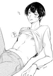 black_hair blush bulge earrings erect_nipples erection femboy flirting gay licking_lips mole mole_under_mouth on_back on_elbows original partially_clothed propped_up puffy_nipples shirt_lift trap yaoi