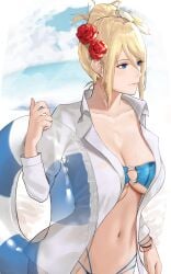 1girls beach bikini blonde_hair blue_bikini blue_eyes blue_swimsuit bracelets breasts clouds hair_bun hair_flower holding_innertube innertube j@ck large_breasts metroid midriff navel nintendo o-ring_bikini o-ring_swimsuit ocean open_shirt outside samus_aran shirt sky swimsuit water white_shirt