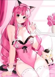 1girls black_eyes breasts cat_ears cat_tail character_doll choker couch dracule_mihawk fake_animal_ears fake_tail female female_only flowers hairbow joman large_breasts leotard looking_at_viewer one_piece painted_fingernails perona pillow pink_hair pink_leotard rose_(flower) saram_80 sitting_on_couch thighhighs twintails wrist_cuffs