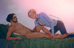 2boys aged_up artist_name bara beard blanket_grab blonde_hair brown_hair clothed_male_nude_male cmnm draco_malfoy erect_nipples erection exposed_nipple facial_hair facial_scar gay glasses hand_on_leg harry_james_potter harry_potter holding_penis imminent_sex looking_at_another looking_at_partner male_only man_bun masturbation mustache nude_male open_shirt penis tied_hair upthehill yaoi