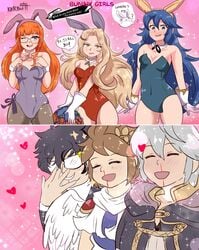 ! 2019 2koma 3boys 3girls ^_^ absurd_res adjusting_glasses angel angel_wings animal_ears artist_name atlus bare_shoulders black_hair blonde_hair blood blue_eyes blue_hair blush bow bowtie breast_suppress breasts brown_hair bunny_ears bunny_girl bunnysuit cape cleavage closed_eyes clothed clothing comic covered_navel crossover diadem english_text eyebrows_visible_through_hair fake_animal_ears feathered_wings feathers female fire_emblem fire_emblem_awakening fluffy_hair flying_sweatdrops glasses gloves goddess grey_eyes hair_ornament hairband hand_on_chest happy heart highres joker_(persona) karbuitt kid_icarus laurel_crown leotard long_hair looking_at_viewer love lucina_(fire_emblem) male matching_hair/eyes megami_tensei messy_hair multiple_boys multiple_girls neckerchief nintendo nosebleed one_eye_closed open_mouth orange_hair pantyhose persona persona_5 pink_background ren_amamiya robin_(fire_emblem) robin_(fire_emblem)_(male) sakura_futaba short_hair signature silver_hair small_breasts smile smirk sparkle standing super_smash_bros. sweat sweatdrop teeth text thick_thighs thighs tongue tsundere uniform very_long_hair viridi white_feathers white_gloves wings wink wrist_cuffs yellow_eyes