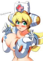 1girls android blonde_hair blue_nipples blush boots cinnamon_gaudille edit embarrassed embarrassed_nude_female enf female female_focus female_only functionally_nude functionally_nude_female gloves green_eyes kotatuman_dash mega_man mega_man_x mega_man_x_dive nervous nipples nurse nurse_cap pussy red_cross reploid robot_ears robot_girl shaking shiver shivering solo_female tearing_up