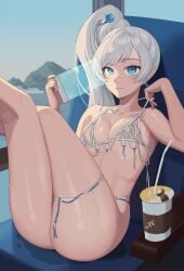 100wang 1girls barely_clothed blue_eyes drink earrings legs rwby scroll tagme weiss_schnee wet wet_breasts white_hair