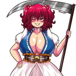 1girls artist_name big_breasts breasts cleavage clothed_female female female_only grin komachi_onozuka light-skinned_female mole_on_breast one_eye_closed red_cheeks red_eyes red_hair scythe seireiart solo solo_female teeth touhou twintails watermark white_background wink