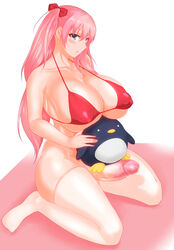 1futa big_breasts big_penis bikini_top blue_eyes bra breasts censored fujidmc12 futanari hairbow haramura_nodoka large_breasts looking_at_viewer looking_to_the_side mosaic_censoring nipple_bulge penguin penis pink_hair plushie saki solo solo_futa thighhighs