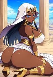 1girls ai_generated big_ass big_breasts black_hair blue_eyes blue_sky clothed_female colored columns dark-skinned_female dark_skin detailed_background egyptian_female female_only golden_bracelets golden_heels isis_ishtar jewel_on_forehead long_hair necklace on_knees open_mouth rear_view red5805 solo_female thick_thighs uncensored yu-gi-oh!