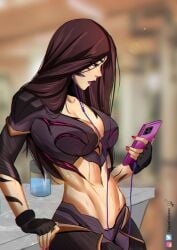 abs artist_signature athletic athletic_female belly belly_button breasts brown_hair cellphone dark_brown_hair earphones facial_markings female female_only fingerless_gloves gloves hayashidraws kai'sa league_of_legends league_of_legends:_wild_rift lips lipstick long_hair midriff muscular muscular_female phone purple_eyes purple_lips purple_lipstick red_nails riot_games straight_hair tencent thin_waist