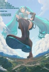 1girls ai_generated boots cityscape clouds destruction dspaceous english_text evil_grin from_below giant giantess hatsune_miku landscape looking_down smug solo solo_female vocaloid