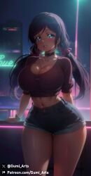 ai_generated aqua_eyes blush city cleavage collar cropped_sweater dark_purple_hair denim_shorts gumi_arts huge_breasts lips long_hair looking_at_viewer love_live! love_live!_school_idol_project low_twintails navel night outdoors smile stable_diffusion standing thick_thighs toujou_nozomi wide_hips