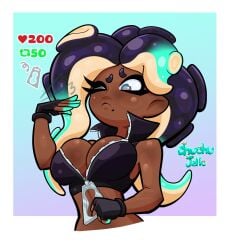 big_breasts breasts chuchu_jello dark-skinned_female fingerless_gloves marina_(splatoon) one_eye_closed splatoon tight_clothing zipper