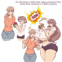 2girls amazon ass ass_expansion before_and_after big_ass breast_expansion breasts christmas duo female female_only gift glasses growth huge_breasts n647 nipple_bulge original original_character shocked size_difference surprised thick_thighs wide_hips