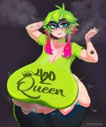 420 420_(number) apple_green_clothing apple_green_hair big_ass big_breasts bottom_heavy breasts_bigger_than_head breasts_bigger_than_torso chubby chubby_female drugs fat freckles front_heavy_breasts glasses green_clothing green_hair huge_ass huge_breasts low_hanging_breasts marijuana marijuana_blunt massive_breasts memfaultexe piercing piercings pink_hair plump sagging_breasts smoking squished_thigh stockings stoned stoner t-shirt tattoo tattoos thick_eyebrows third-party_edit verde_(memfaultexe) weed