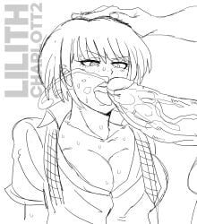 1girls cleavage clothed clothed_female clothing cum cum_on_face cumshot danganronpa danganronpa_2:_goodbye_despair freckles freckles_on_face hand_on_head koizumi_mahiru lilithcharlott2 open_mouth partial_male penis short_hair sketch sweat sweating veiny_penis