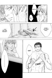 2boys after_sez bed berserk black_hair comic dialogue doujin english_text gay gay_sex griffith guts_(berserk) long_hair male muscular muscular_male nude short_hair text white_hair yaoi