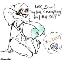 1boy1girl 2d arms_under_breasts big_areola big_breasts black_and_white breasts character_off_screen ectobody english_text error_sans error_sans_(fan_character) excited fan_character female female_sans glasses glowing_eyes humanoid ink_sans ink_sans_(fan_character) khorroux lactating lactation leaking_milk leaking_nipples milk rule_63 sans sans_au sanscest scarf shocked shocked_expression sitting_on_floor skeleton talking text undertale_(series) undertale_au