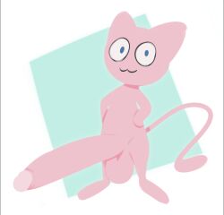 :3 big_balls blue_pupils felid game_freak hands_on_hips huge_balls huge_cock humanoid_genitalia humanoid_penis hyper hyper_penis lineless long_penis long_tail male male_only mew miso_souperstar nintendo pink_body pokemon retracted_foreskin simple_background small_but_hung two_tone_background