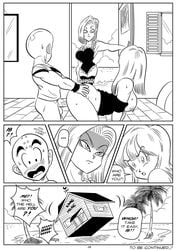 1boy 1girls 2girls after_oral android android_18 aqua_hair bald big_penis blue_eyes blue_hair breasts busty caught_in_the_act cheating cheating_husband comic comic_page dialogue doggy_style dragon dragon_ball dragon_ball_z english_text ex-girlfriend female fringe from_behind from_behind_position funsexydragonball glassfish hourglass_figure human humanoid krillin kuririn long_penis male maron midget monochrome page_14 panels petite sex short_hair shorter_male shounen_jump size_difference speech_bubble straight surprise_visit taller_girl traditional_media_(artwork) vaginal_penetration veiny_penis voluptuous