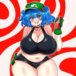 1girls artist_name big_breasts blue_eyes blue_hair breasts cleavage clothed_female coca-cola fat_thighs female female_only gloves grin hand_on_hip hat holding_drink japanese_mythology kappa light-skinned_female long_gloves mole_under_mouth monster monster_girl multicolored_background mythology nitori_kawashiro pink_cheeks public_domain seireiart shorts solo solo_female tank_top teeth thick_thighs thighs touhou twintails watermark