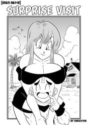 1boy 1boy1girl 1girls bald boob_hat breasts busty cheating cheating_husband comic dragon dragon_ball dragon_ball_z ex-girlfriend female fringe funsexydragonball glassfish hourglass_figure krillin kuririn male maron midget monochrome petite shorter_male shounen_jump size_difference straight surprise surprise_visit taller_girl traditional_media_(artwork) voluptuous