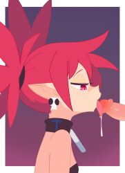 1boy absurdres commentary demon_girl demon_tail disgaea earrings etna etna_(disgaea) fellatio female from_side half-closed_eyes highres jewelry licking licking_penis makai_senki_disgaea noxtwice o-ring_collar oral penis pointy_ears profile red_eyes red_hair saliva skull_earrings slit_pupils solo_focus straight tail tongue tongue_out twintails uncensored upper_body