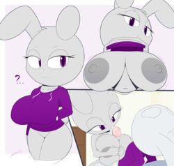 1boy 1girls anthro anthro_on_anthro breasts bunny_boy bunny_girl furry grey_fur huge_breasts large_breasts large_penis nate_(mindnomad) original paizuri penis purple_eyes slickehedge titjob