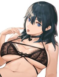 1girls bangs bare_shoulders black_bra blue_eyes blue_hair bra breasts byleth_(fire_emblem) byleth_(fire_emblem)_(female) choker cleavage female female_focus female_only fire_emblem fire_emblem:_three_houses highres j@ck large_breasts lingerie long_hair looking_at_viewer medium_hair navel nintendo open_mouth simple_background teal_hair tongue tongue_out underwear white_background