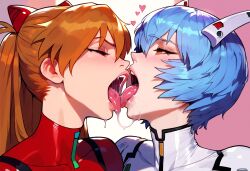 2girls ai_generated asuka_langley_sohryu blue_hair hair_ornament kissing neon_genesis_evangelion open_mouth orange_hair rei_ayanami slimpy tongue_out yuri