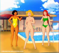 3d 3d_(artwork) 3girls alex_(totally_spies) areolae big_nipples black_hair blushed breasts clover_(totally_spies) completely_naked completely_nude dark-skinned_female dark_skin embarrassed_nude_female enf ginger_hair green_swimsuit laughing light-skinned_female light_skin naked otomechidori pink_nipples pool red_nails sam_(totally_spies) swimming_pool swimsuit teletoon totally_spies trying_to_cover_up yellow_hair yellow_swimsuit