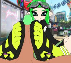 azurestar clothing dark-skinned_male dark_skin erection feet feet_up female footjob footwear foreplay green_hair inkling male nintendo octoling penis pov pov_feet sandaljob sandals smug socks splatoon splatoon_2 toe_socks toes