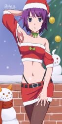 1girls absurdres alternate_costume anime_nose araragi_koyomi arm_up armpit_crease armpits art_naito artist_name belt black_belt blue_eyes blunt_ends breasts brick_wall brown_pantyhose choker christmas_tree collarbone cowboy_shot female female_only fur-trimmed_shirt fur-trimmed_skirt fur_trim green_choker hand_on_own_thigh hat highleg highleg_panties highres holly_(plant) human impossible_clothes looking_at_viewer medium_breasts midriff miniskirt monogatari_(series) navel nightstark off-shoulder_shirt off_shoulder panties pantyhose parted_lips purple_hair red_berries red_shirt red_skirt santa_costume santa_hat senjougahara_hitagi shirt short_hair skirt slutty_santa snow snowman solo spiky_leaves twitter_username underwear