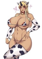 1girls animal_ear_hairband areola areola_slip armwear bare_shoulders bell_collar belly big_breasts blonde_hair blush bottle breasts collar collarbone covered_nipples cow_bikini cow_ears cow_horns cow_print cow_print_armwear cow_print_bikini cow_print_legwear cowbell dzlily earrings elf_ears eyebrows_visible_through_hair eyelashes fake_animal_ears fake_horns female female_focus female_only hand_on_hip heart holding_object horn hourglass_figure large_breasts legwear light-skinned_female light_skin milk_bottle monster_girl monster_musume_no_iru_nichijou mouth_open navel nipples_visible_through_clothing ogre open_mouth pierced_ears piercing pointy_ears red_eyes ringed_eyes simple_background solo solo_female solo_focus standing stomach sweat sweatdrop thick_thighs thighhighs thighs tionishia voluptuous white_background wide_hips