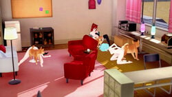 3d 3girls ambiguous_knotting ambiguous_penetration canid canine canine_on_human cum cum_in_pussy cum_inside domestic_dog female female_human feral gangbang human knotting_position looking_at_phone lux male male/female male_canine multiple_girls shiba_inu straight zoophilia