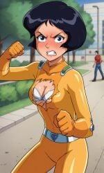 ai_generated ass bigmic145 black_hair bodysuit bra breasts clover_(totally_spies) exposed_breasts female medium_breasts ripped_clothing solo_female totally_spies wardrobe_malfunction