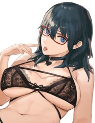 1girls bangs bare_shoulders black_bra blue_eyes blue_hair bra breasts byleth_(fire_emblem) byleth_(fire_emblem)_(female) choker cleavage female female_focus female_only fire_emblem fire_emblem:_three_houses glasses highres j@ck large_breasts lingerie long_hair looking_at_viewer medium_hair navel nintendo open_mouth saliva saliva_string saliva_trail simple_background teal_hair tongue tongue_out underwear white_background