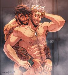 2boys abs bara beard beard_stubble black_hair black_nails blonde_hair completely_nude couple cowboy_shot crescent crescent_necklace dark-skinned_male dark_skin drake_(yeiko_art) elf facial_hair flaccid foreplay full_beard hairy head_on_another's_shoulder highres indoors interracial jewelry male_focus male_only male_pubic_hair mature_male multiple_boys muscular muscular_male navel navel_hair necklace nipples nude original paid_reward_available penis pointy_ears pubic_hair reach-around shared_bathing short_hair shower_(place) showering sparse_leg_hair standing steam stomach stubble thick_arm_hair thick_chest_hair thick_eyebrows thick_navel_hair trevor_(yeiko_art) wet wet_hair yaoi yeiko_art